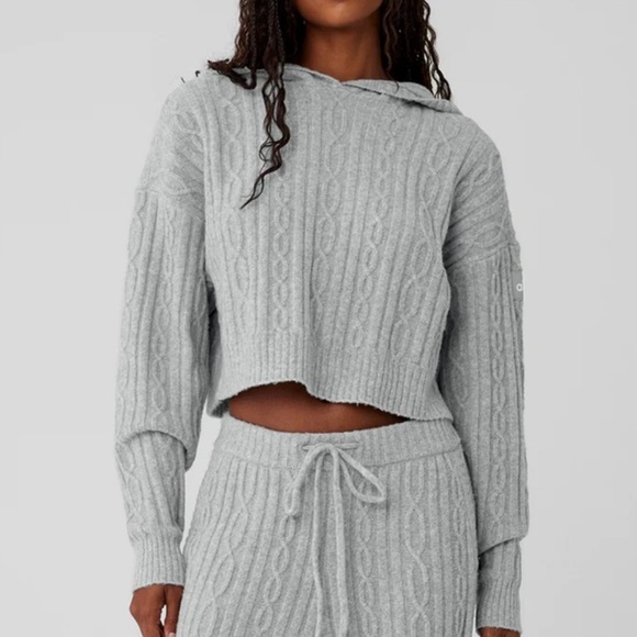 ALO Yoga Tops - ALO YOGA Athletic Heather Grey Cable Knit‎ Winter Bliss Pullover Hoodie Size S